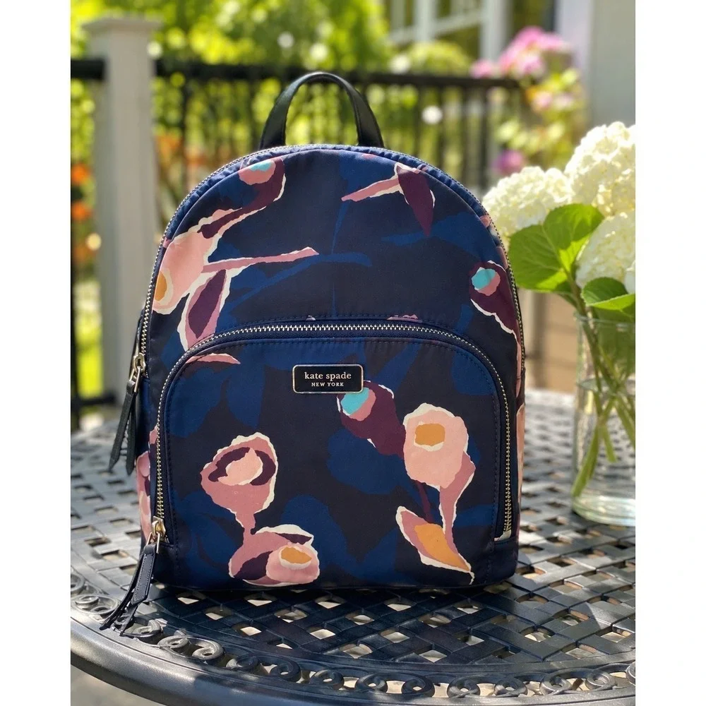 Kate Spade Dawn Paper Rose Backpack Navy Floral Nylon Travel School Bag Stylish